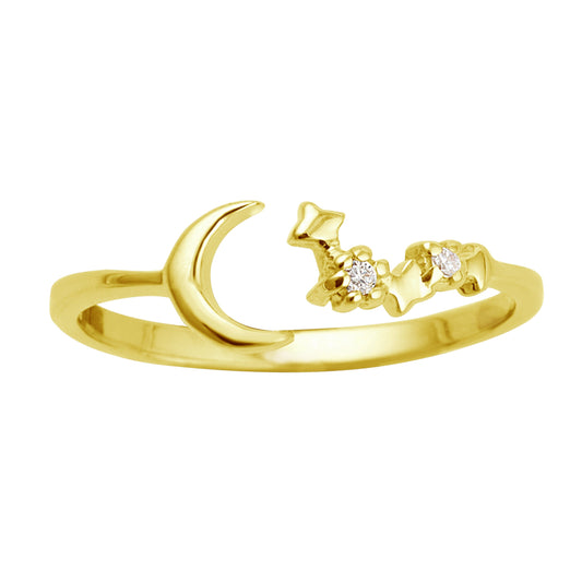 Bague ouverte réglable en argent sterling plaqué or avec lune et étoile