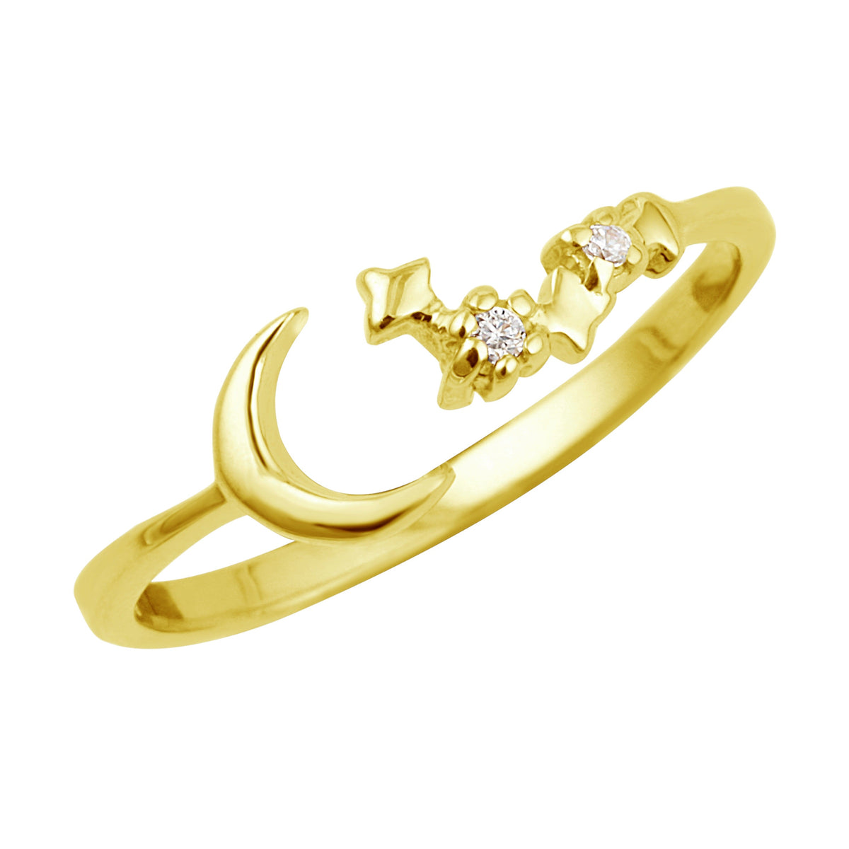 Bague ouverte réglable en argent sterling plaqué or avec lune et étoile