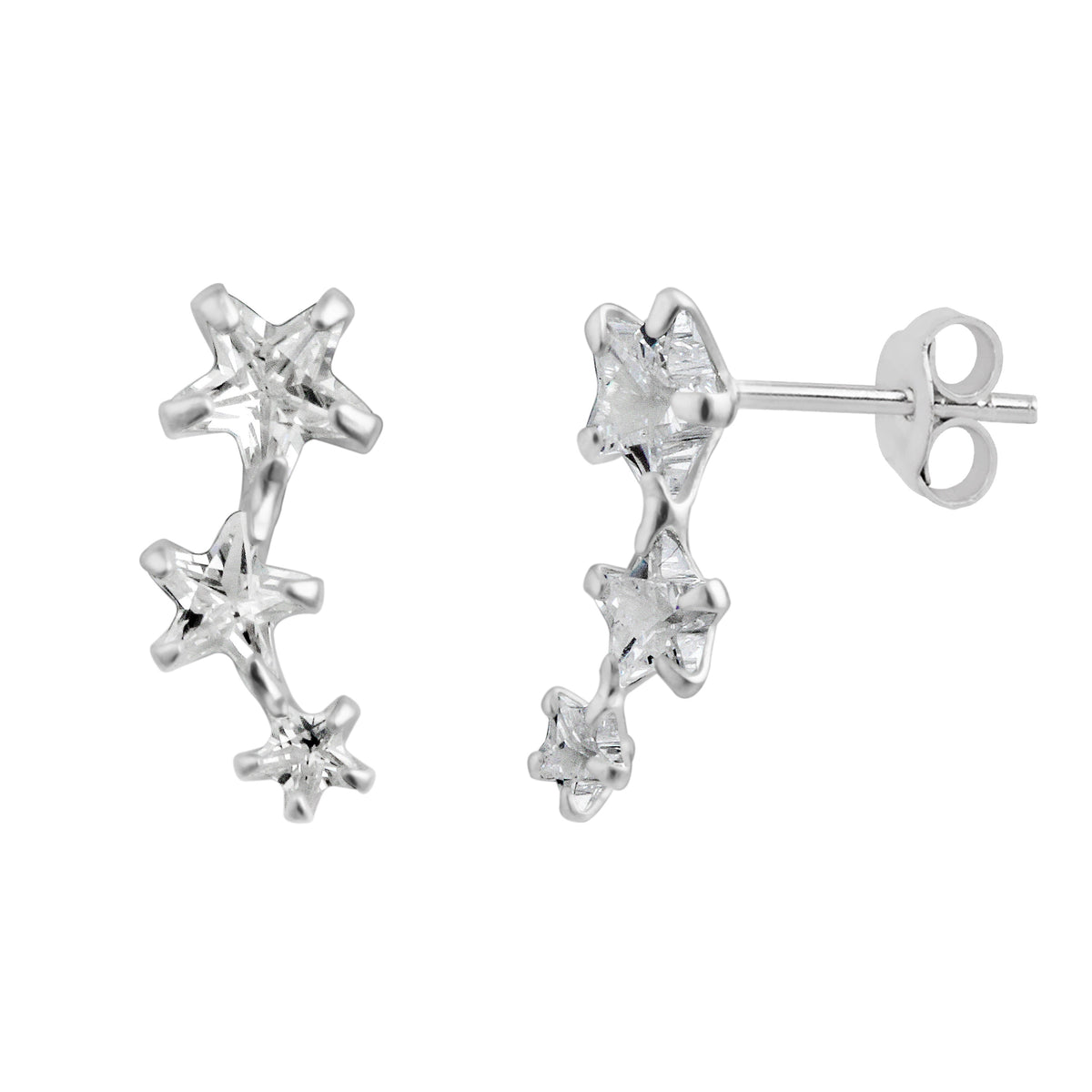 Boucles d'oreilles à tige en argent sterling avec triple étoile transparente en oxyde de zirconium