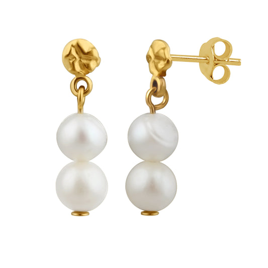 Boucles d'oreilles pendantes à double perle en argent sterling plaqué or