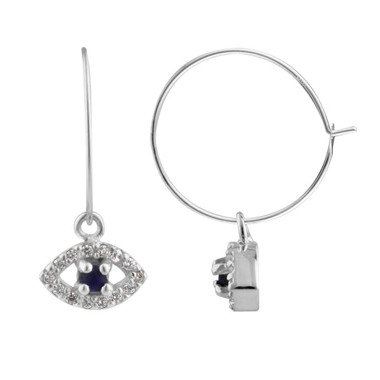 Boucles d'oreilles créoles en argent sterling avec breloque mauvais œil et zircone cubique de 15 mm