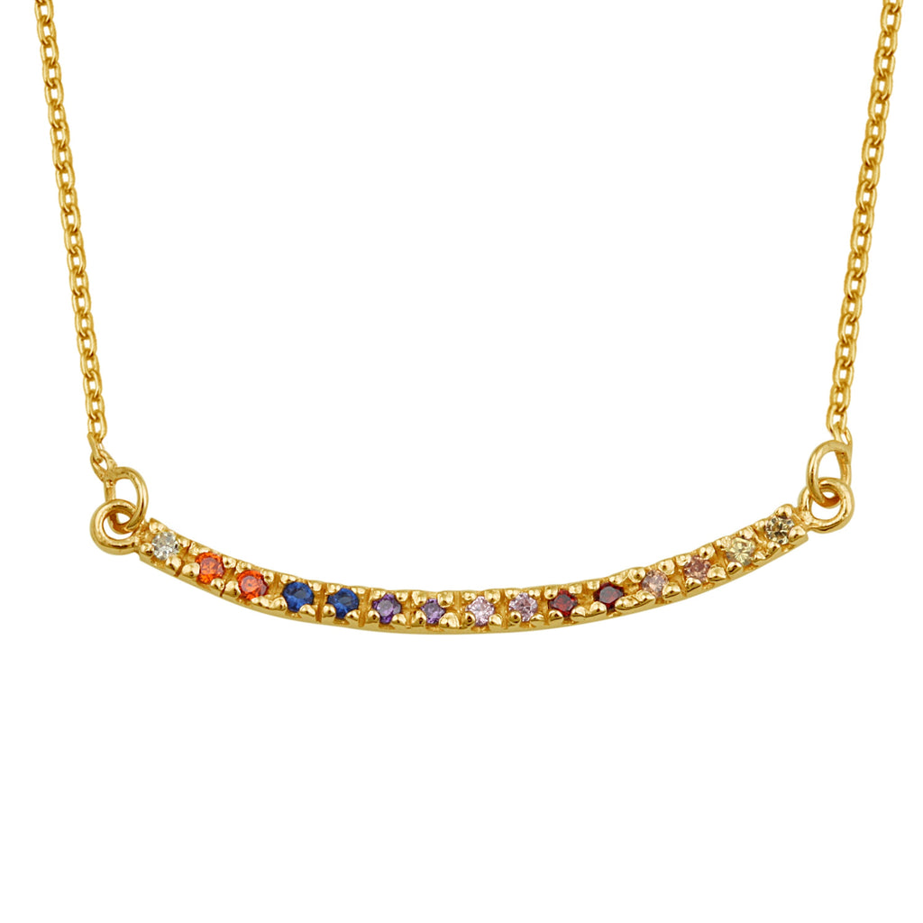 Collier en argent sterling plaqué or avec barre incurvée arc-en-ciel en zircone cubique