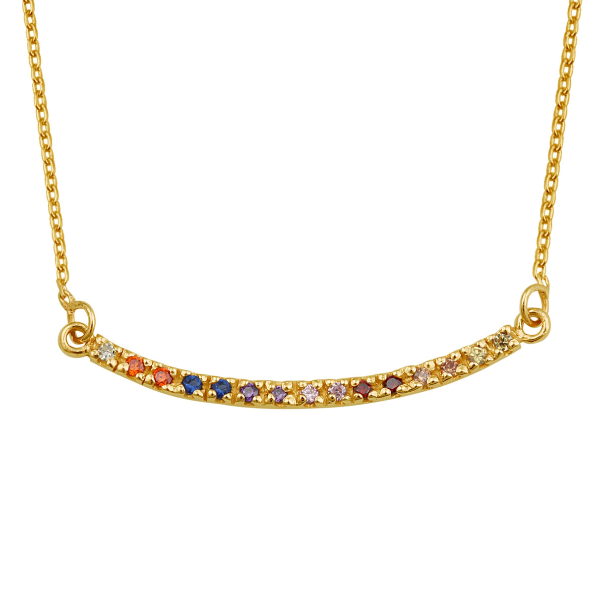 Collier en argent sterling plaqué or avec barre incurvée arc-en-ciel en zircone cubique