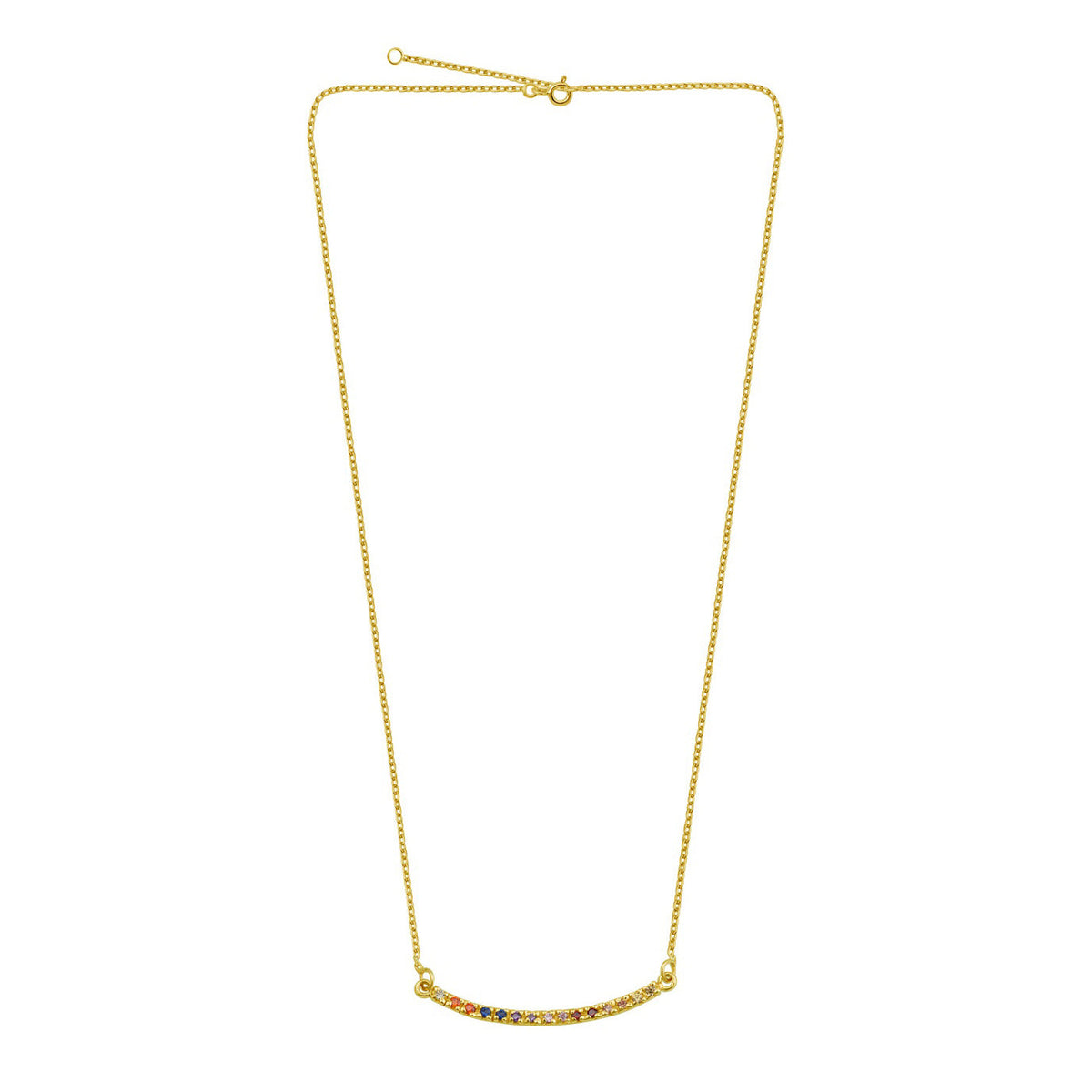 Collier en argent sterling plaqué or avec barre incurvée arc-en-ciel en zircone cubique