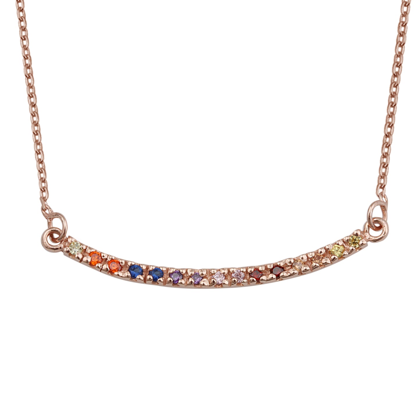 Collier en argent sterling plaqué or rose avec barre incurvée arc-en-ciel en zircone cubique