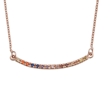 Collier en argent sterling plaqué or rose avec barre incurvée arc-en-ciel en zircone cubique