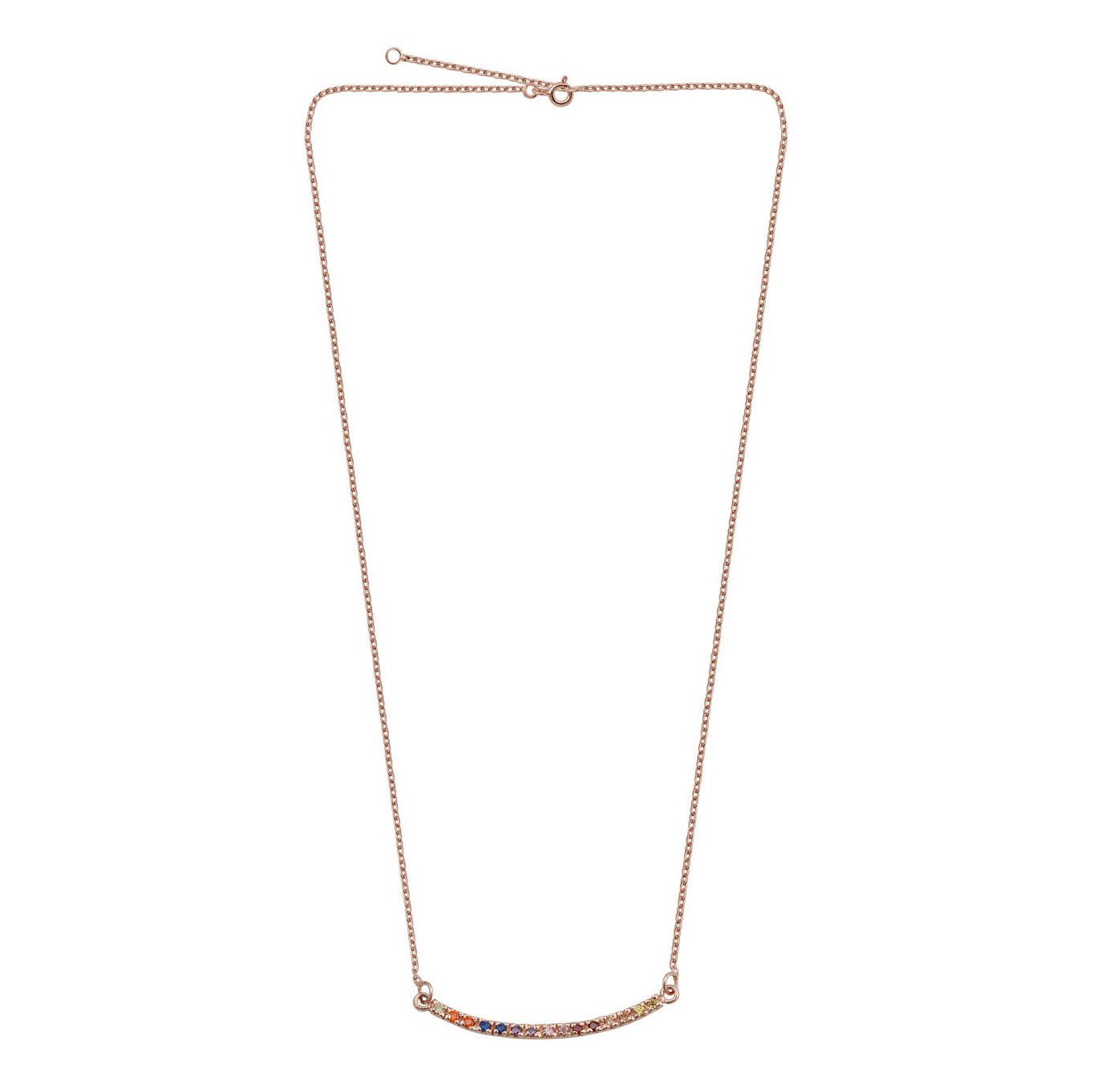Collier en argent sterling plaqué or rose avec barre incurvée arc-en-ciel en zircone cubique