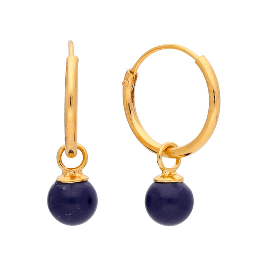 Boucles d'oreilles créoles en argent sterling plaqué or avec boule de lapis-lazuli de 11 mm