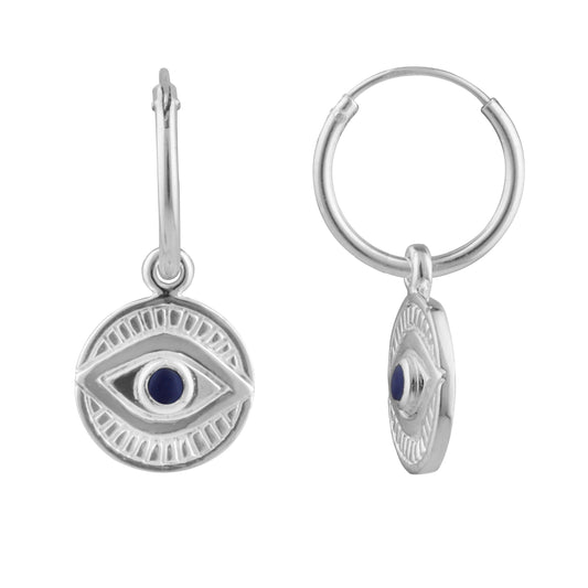 Boucles d'oreilles créoles en argent sterling avec breloques en lapis-lazuli et œil maléfique de 12 mm