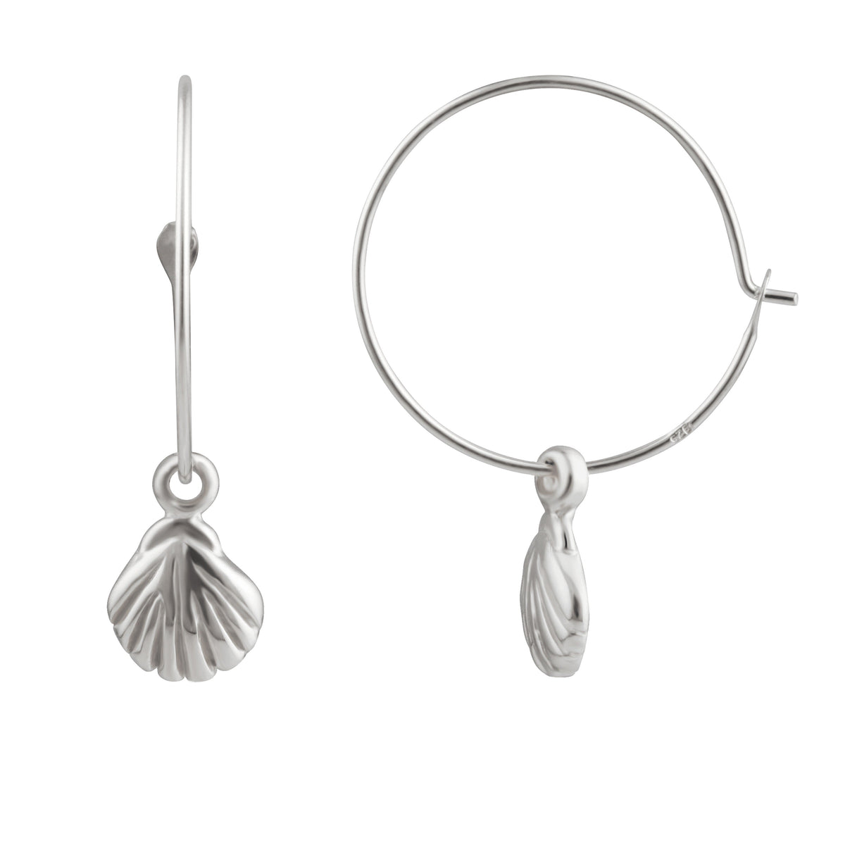 Boucles d'oreilles créoles en argent sterling 16 mm avec breloque coquillage