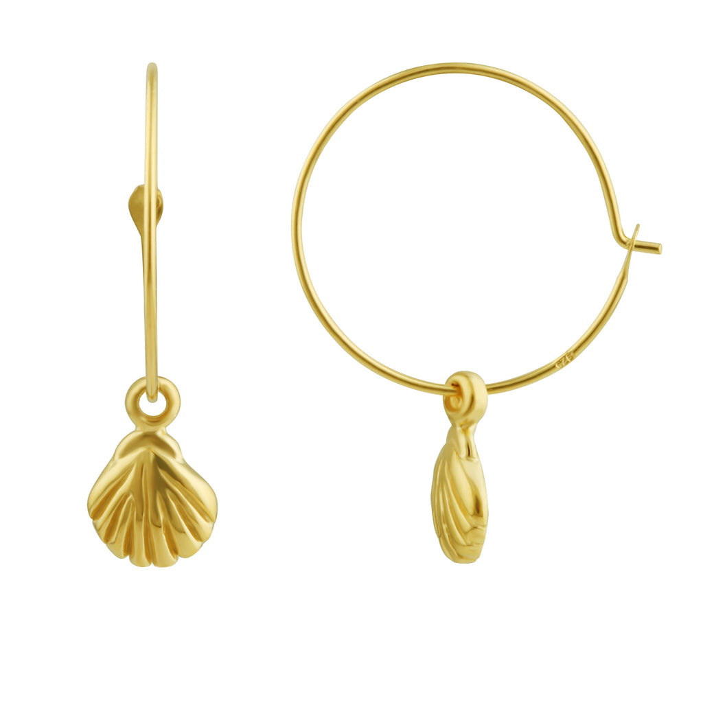 Boucles d'oreilles créoles en argent sterling plaqué or avec breloque coquillage de 16 mm