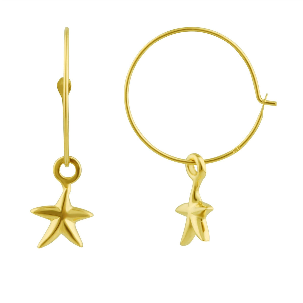 Boucles d'oreilles créoles en argent sterling plaqué or avec breloque étoile de mer de 16 mm