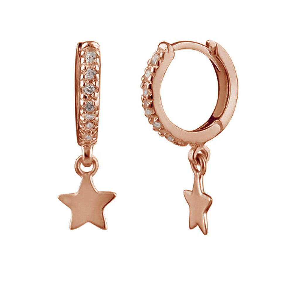 Boucles d'oreilles créoles en argent sterling plaqué or rose avec breloque étoile de 12 mm