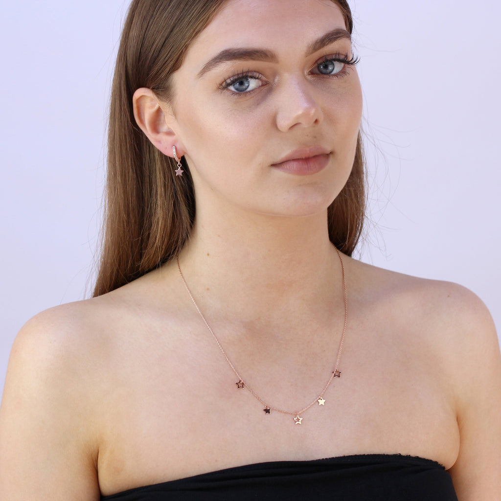 Boucles d'oreilles créoles en argent sterling plaqué or rose avec breloque étoile de 12 mm