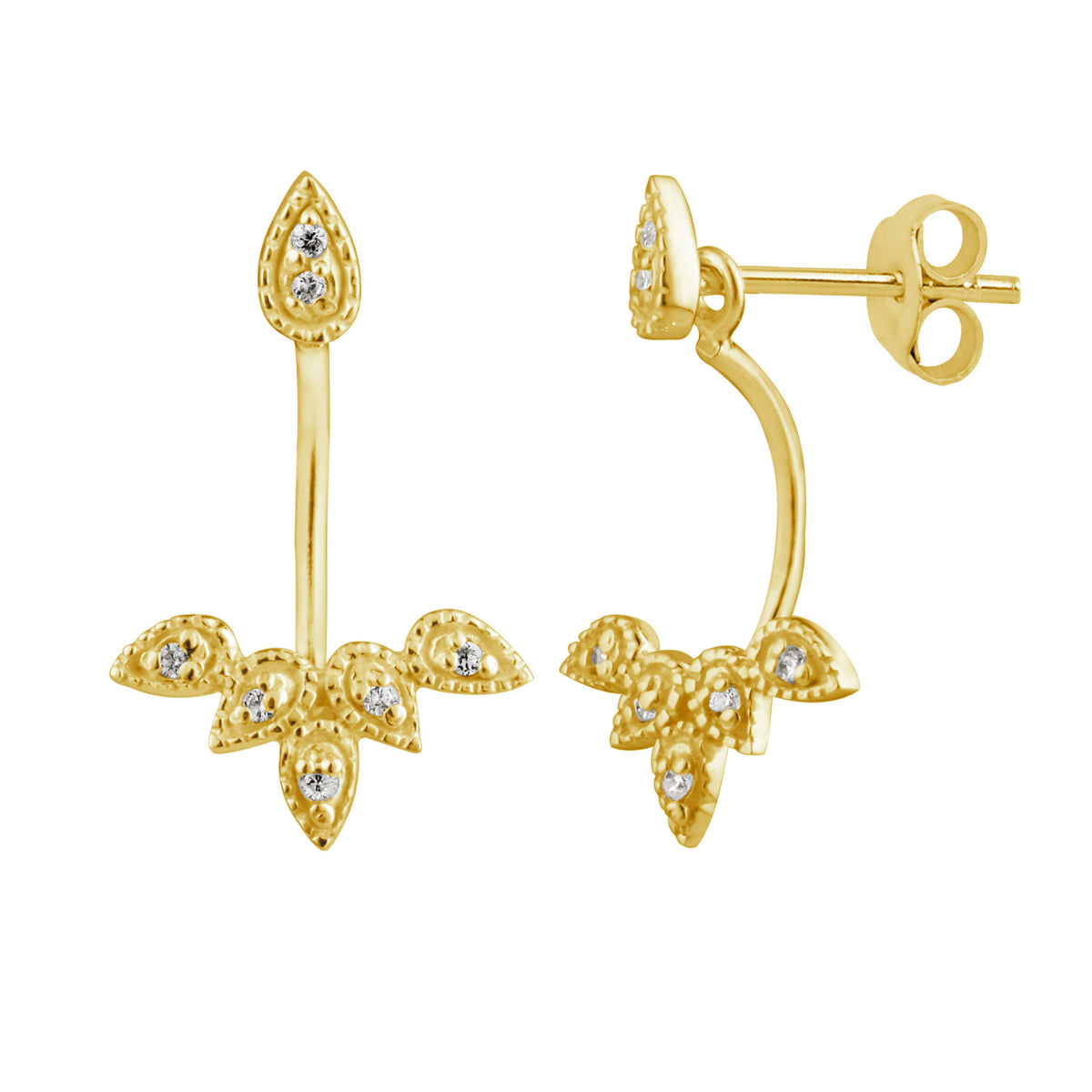 Boucles d'oreilles à tige en argent sterling plaqué or avec feuilles et zircones cubiques