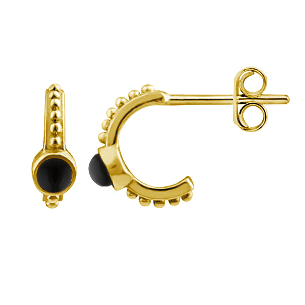 Boucles d'oreilles créoles en argent sterling plaqué or avec perles en imitation onyx