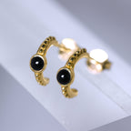 Boucles d'oreilles créoles en argent sterling plaqué or avec perles en imitation onyx