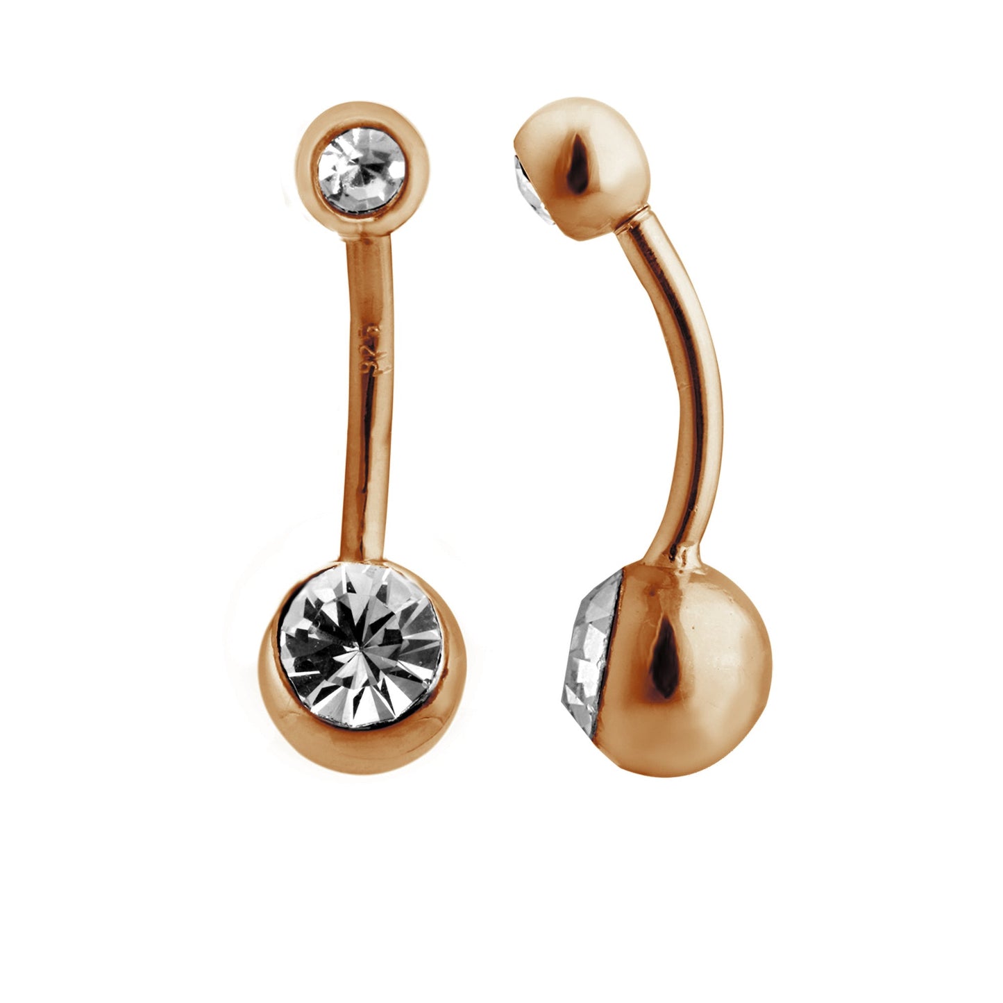 Piercing de nombril en argent sterling plaqué or rose avec double boule en zircone cubique