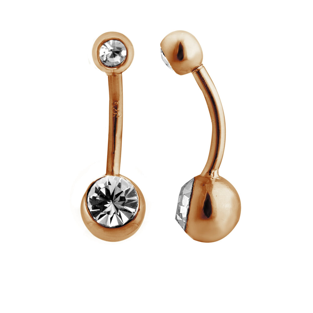Piercing de nombril en argent sterling plaqué or rose avec double boule en zircone cubique