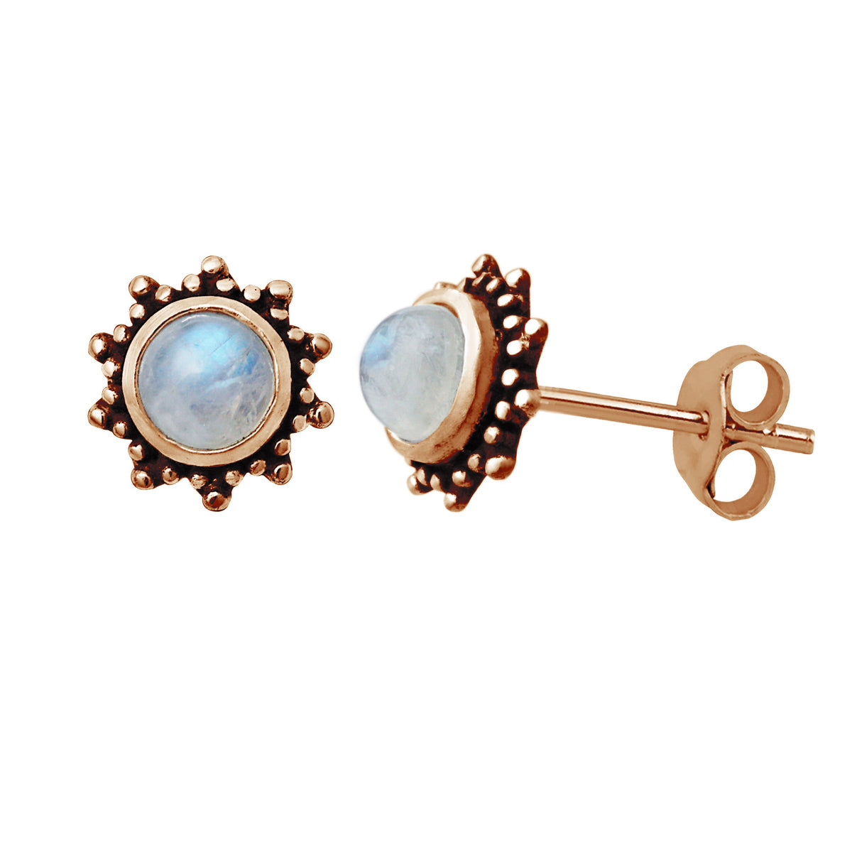 Boucles d'oreilles à tige en argent sterling plaqué or rose avec pierre de lune et soleil de 5 mm