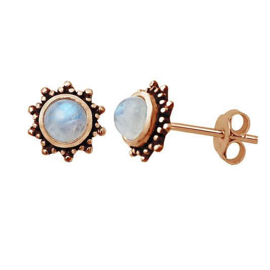 Boucles d'oreilles à tige en argent sterling plaqué or rose avec pierre de lune et soleil de 5 mm