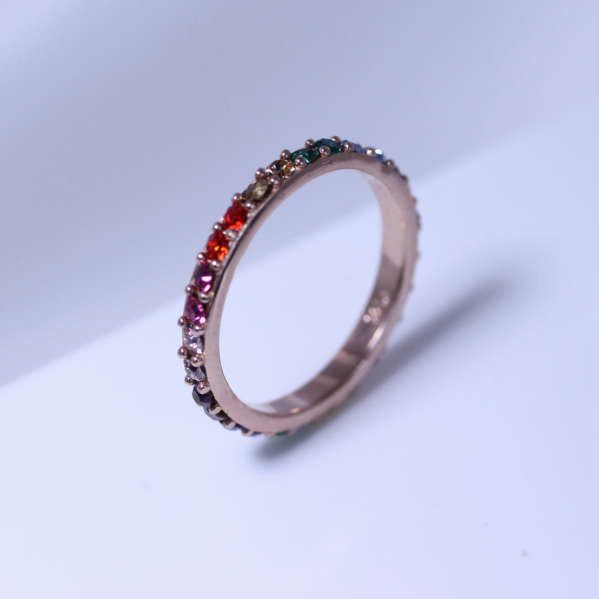 Bague d'éternité en argent sterling plaqué or rose avec zircones cubiques arc-en-ciel, taille 48 - 65