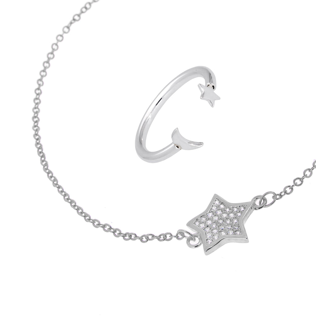 Ensemble bracelet lune et étoile et bague réglable en argent sterling