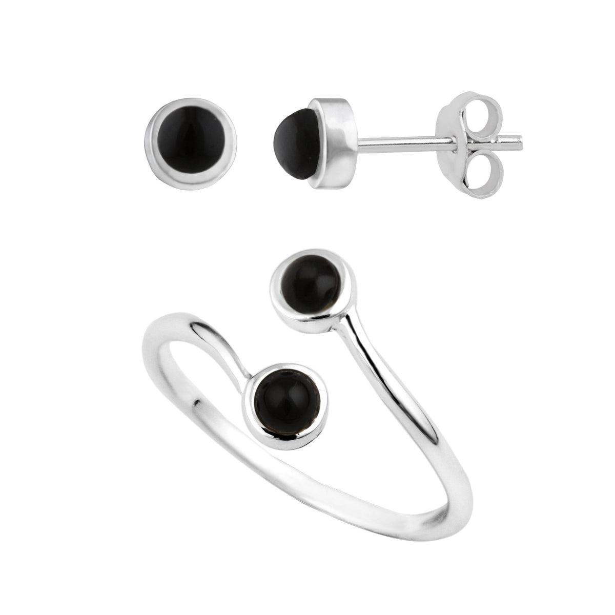 Ensemble de boucles d'oreilles à tige et bague réglable en argent sterling avec pierre noire