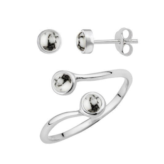 Ensemble de boucles d'oreilles à tige et bague réglable en argent sterling avec fausse howlite