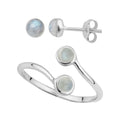 Ensemble de boucles d'oreilles à tige et bague réglable en argent sterling avec pierre de lune