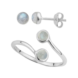Ensemble de boucles d'oreilles à tige et bague réglable en argent sterling avec pierre de lune