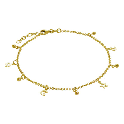 Bracelet de cheville réglable en argent sterling plaqué or avec lune et étoile