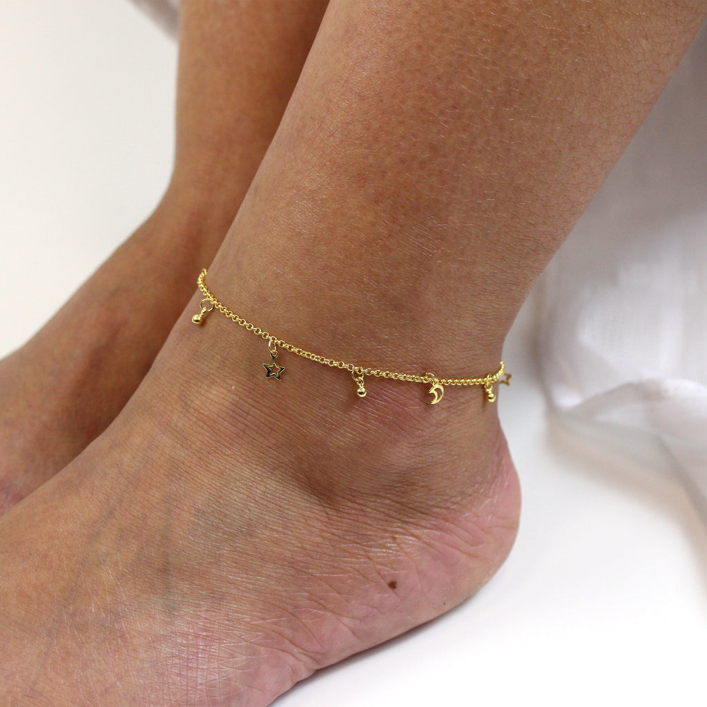 Bracelet de cheville réglable en argent sterling plaqué or avec lune et étoile