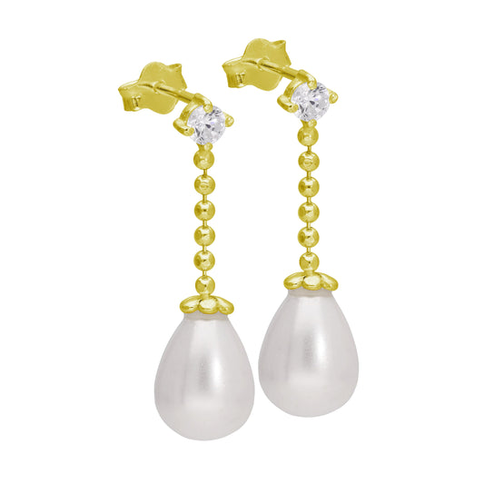 Boucles d'oreilles pendantes en argent sterling plaqué or avec perles en forme de larme et zircones cubiques