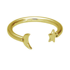 Bague ajustable en argent sterling plaqué or avec lune et étoile