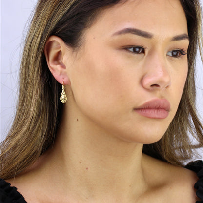 Boucles d'oreilles pendantes en argent sterling plaqué or et filigrane en forme de feuille