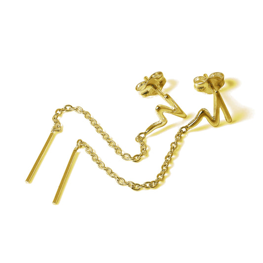 Boucles d'oreilles à tige en argent sterling plaqué or avec chaîne et barre en zigzag