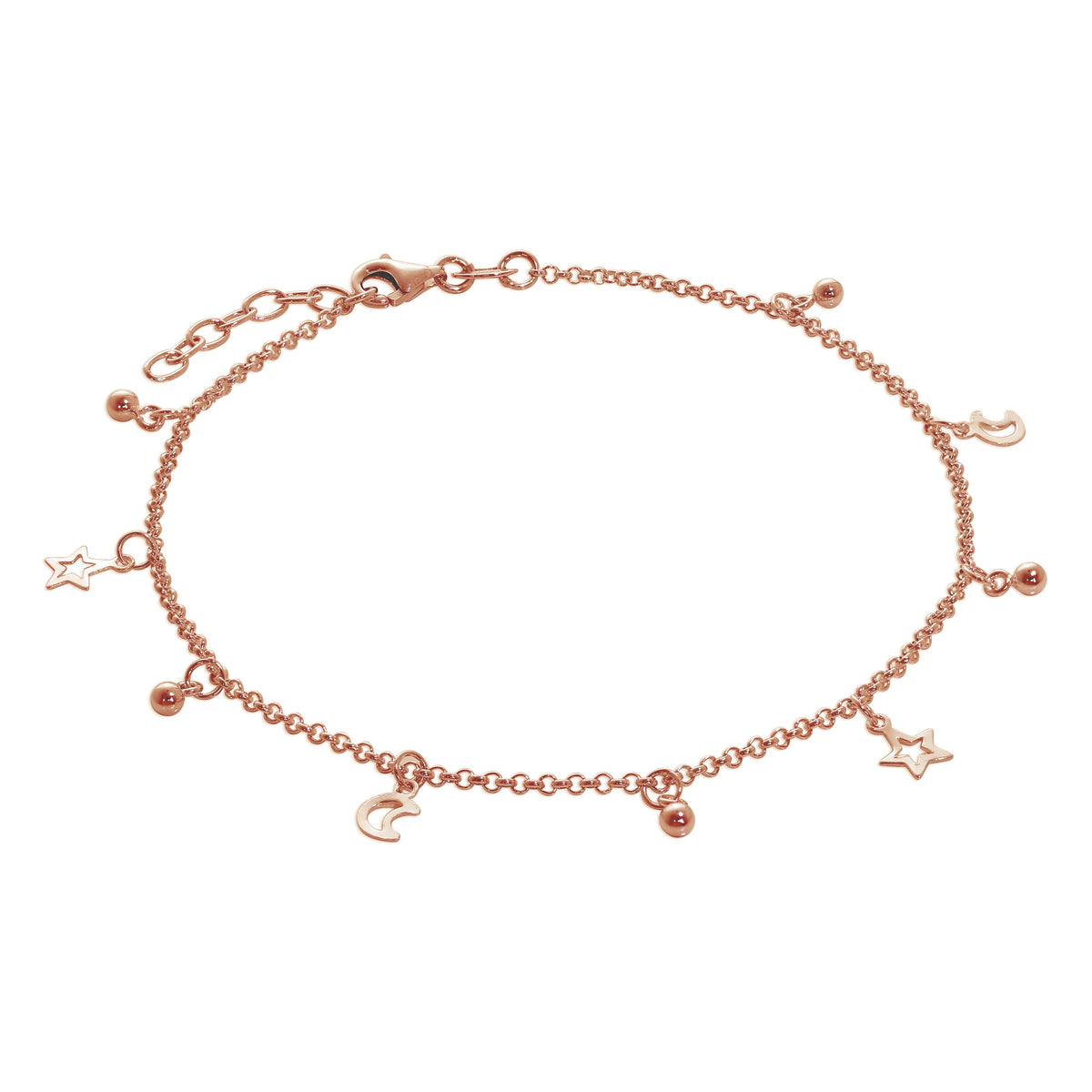 Bracelet de cheville en argent sterling plaqué or rose avec boule lune et étoile