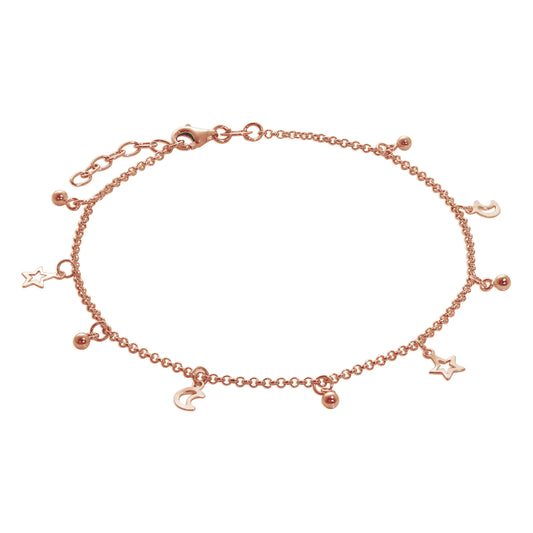 Bracelet de cheville en argent sterling plaqué or rose avec boule lune et étoile
