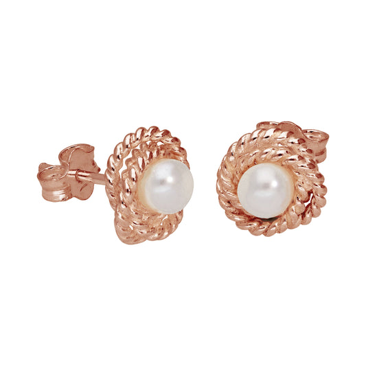 Boucles d'oreilles à tige en argent sterling plaqué or rose avec perles et nœuds