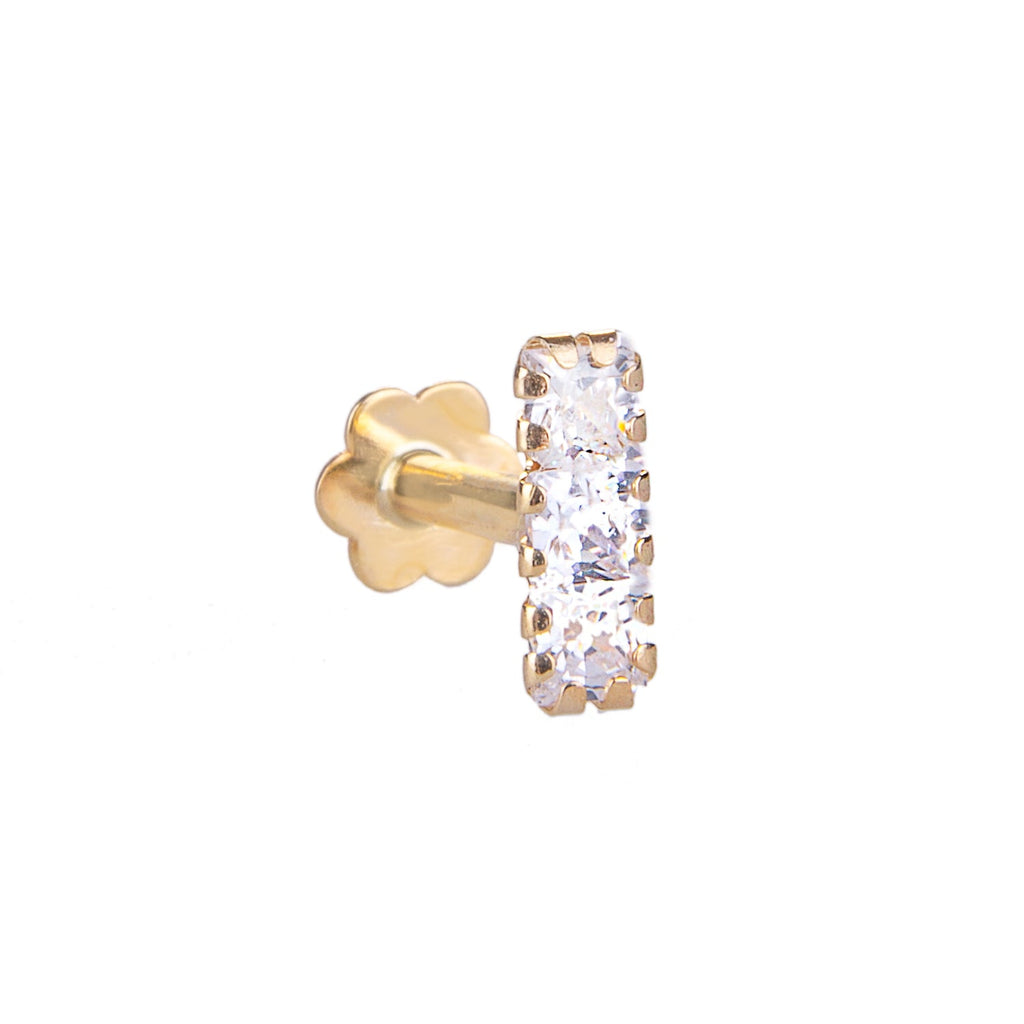 Piercing labret triple carré en or 9 carats avec zircones cubiques transparents