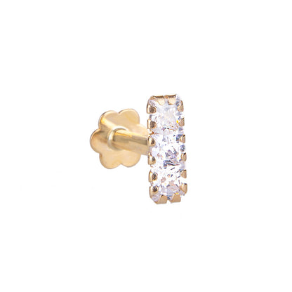 Piercing labret triple carré en or 9 carats avec zircones cubiques transparents