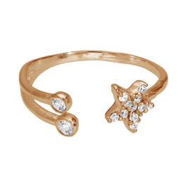 Bague ouverte réglable en argent sterling plaqué or rose avec étoile en zircone cubique