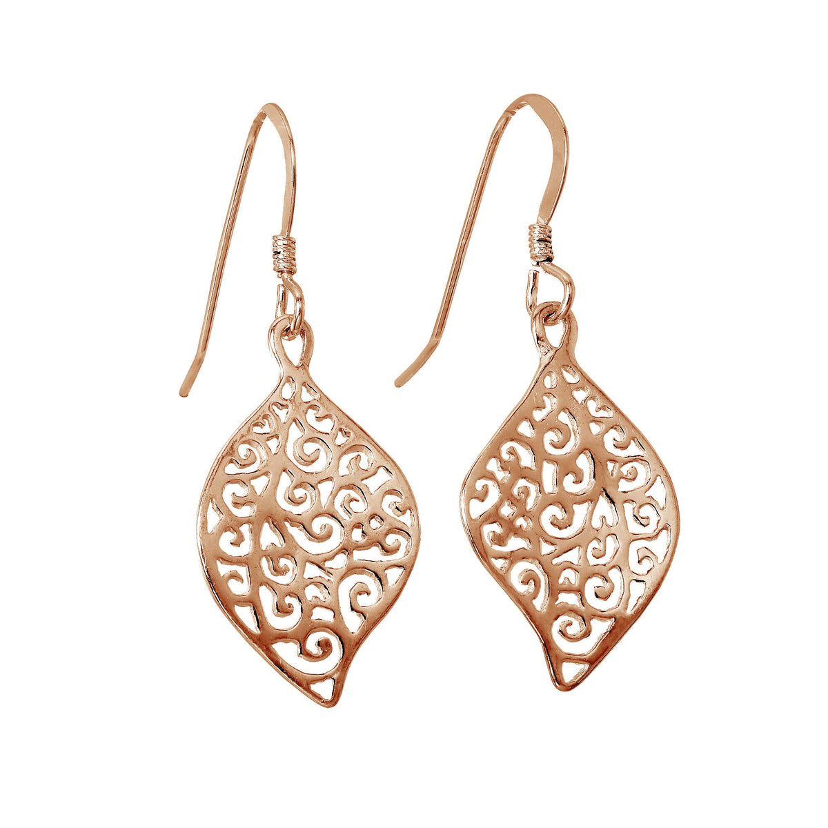 Boucles d'oreilles pendantes en argent sterling plaqué or rose avec feuilles en filigrane