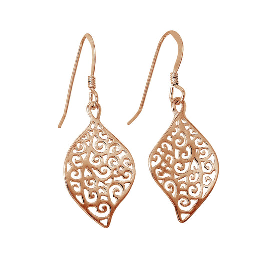 Boucles d'oreilles pendantes en argent sterling plaqué or rose avec feuilles en filigrane