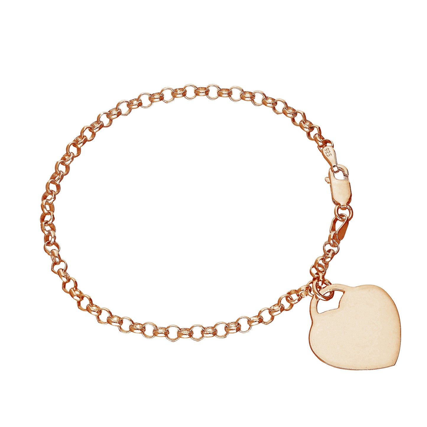 Bracelet en argent sterling plaqué or rose de 18 cm avec cadenas gravé en forme de cœur