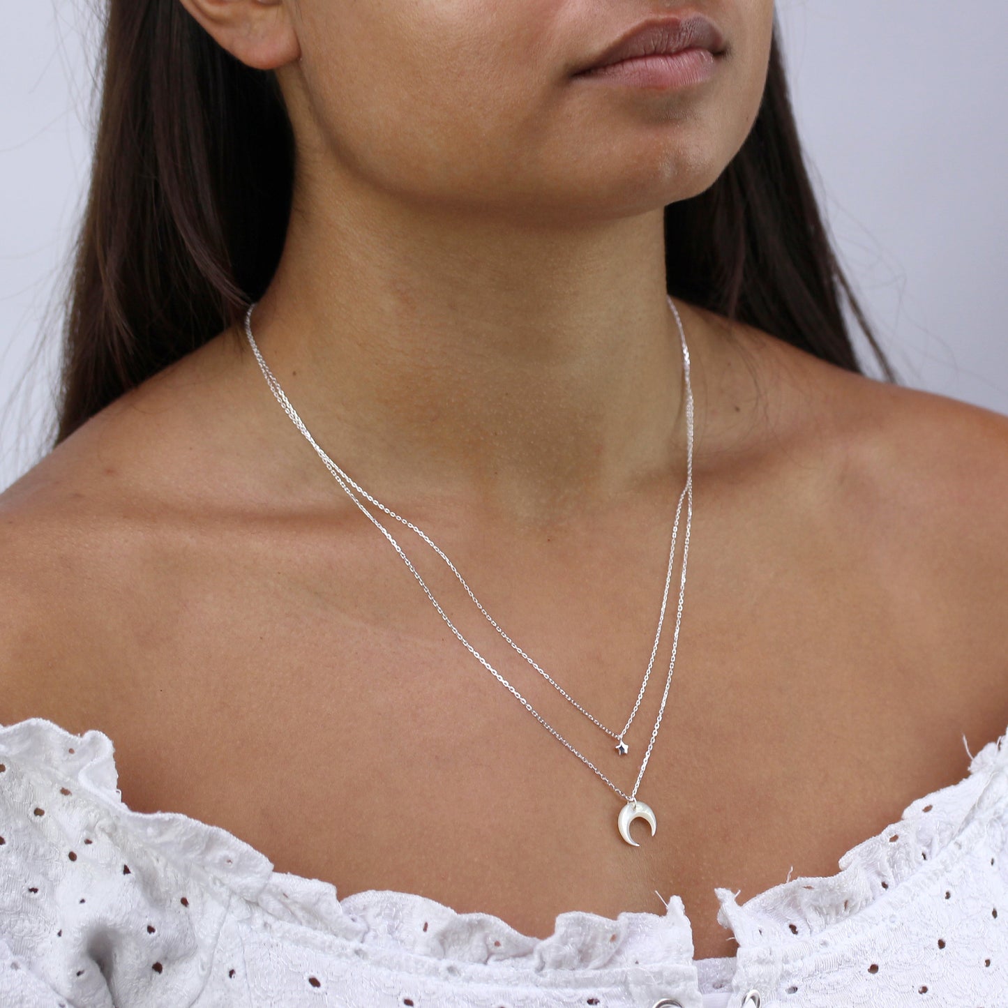 Collier double couche en argent sterling avec étoile et croissant de lune