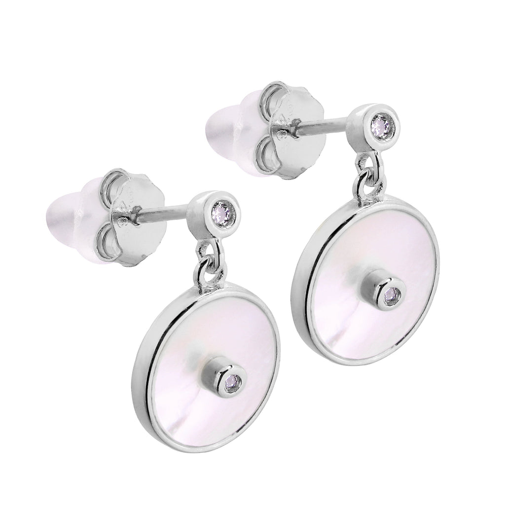 Boucles d'oreilles pendantes rondes en argent sterling, nacre et zircone cubique
