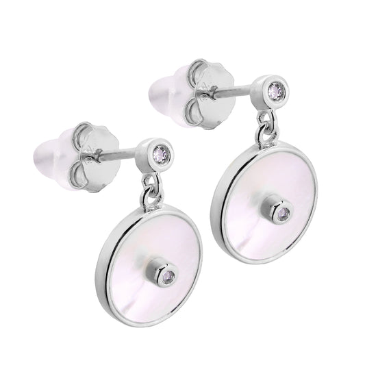 Boucles d'oreilles pendantes rondes en argent sterling, nacre et zircone cubique