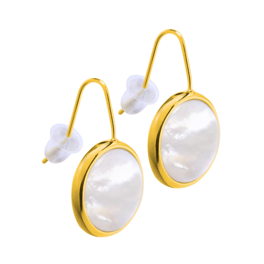 Boucles d'oreilles pendantes rondes en argent sterling plaqué or et nacre